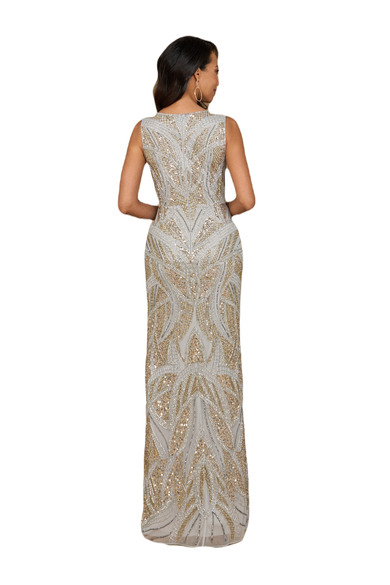 Beaded V-Neck Gown, Alternate, color, Silver/Gold