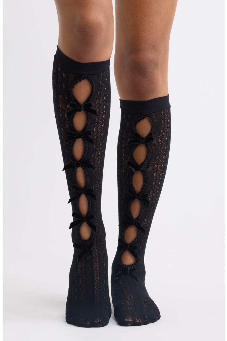 Peek a Bow Knee High Socks, Alternate, color, BLACK