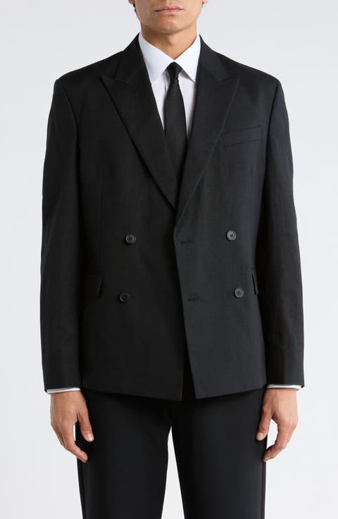 Black Linen Blend Double Breasted Sport Coat