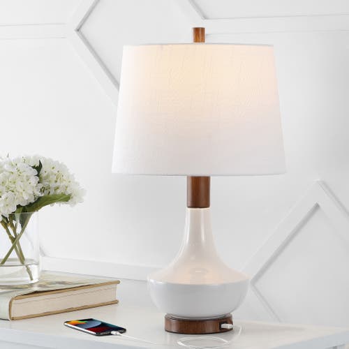 Jonathan Y Finn 23" Vintage Minimalist Iron/ceramic Led Mini Table Lamp With Usb Charging Port, Wood In White/brown Wood Finish