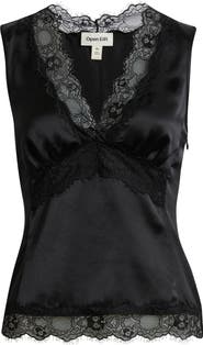 Open Edit Lace Trim Satin Tank