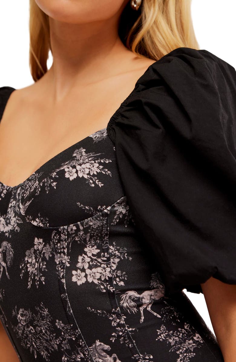 Free People Prarie Rose Puff Sleeve Bodysuit, Alternate, color, Black Combo