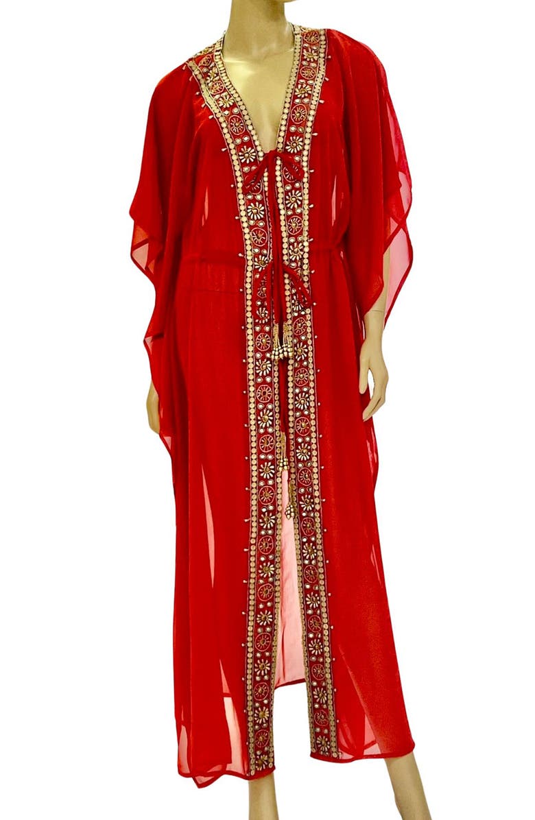 RANEES Plunge Neck Duster, Main, color, Red