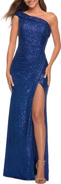 La Femme One Shoulder Gown in Elegant Soft Sequin Fabric