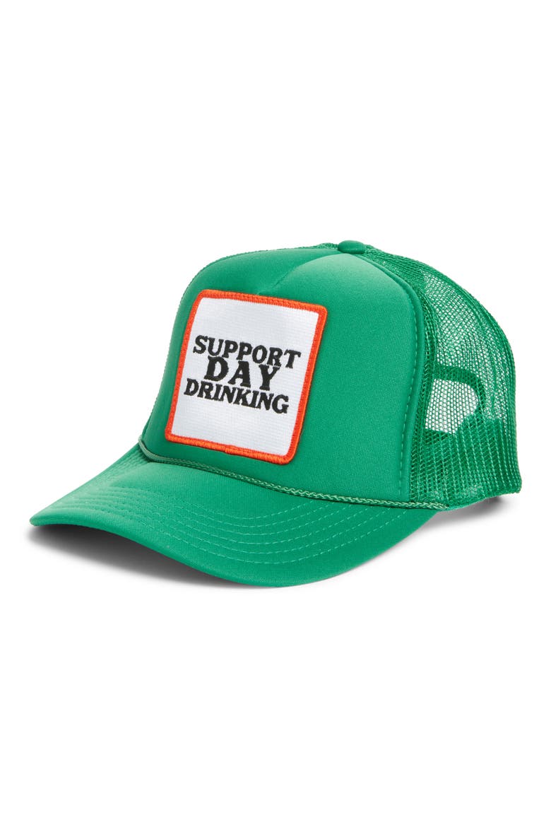 Support Day Drinking Patch Trucker Hat, Main, color, GREEN