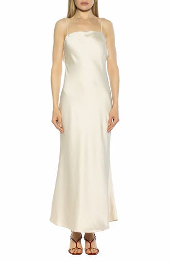 Alexia Admor Slo Draped Open Back Satin Maxi Dress in Beige at Nordstrom Rack, Size 12