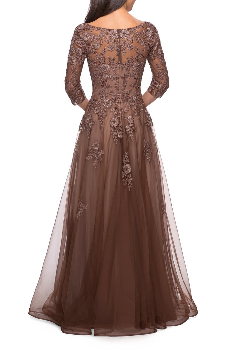La Femme A-line Tulle Gown with Floral Lace Detail and V-Neck, Alternate, color, Cocoa