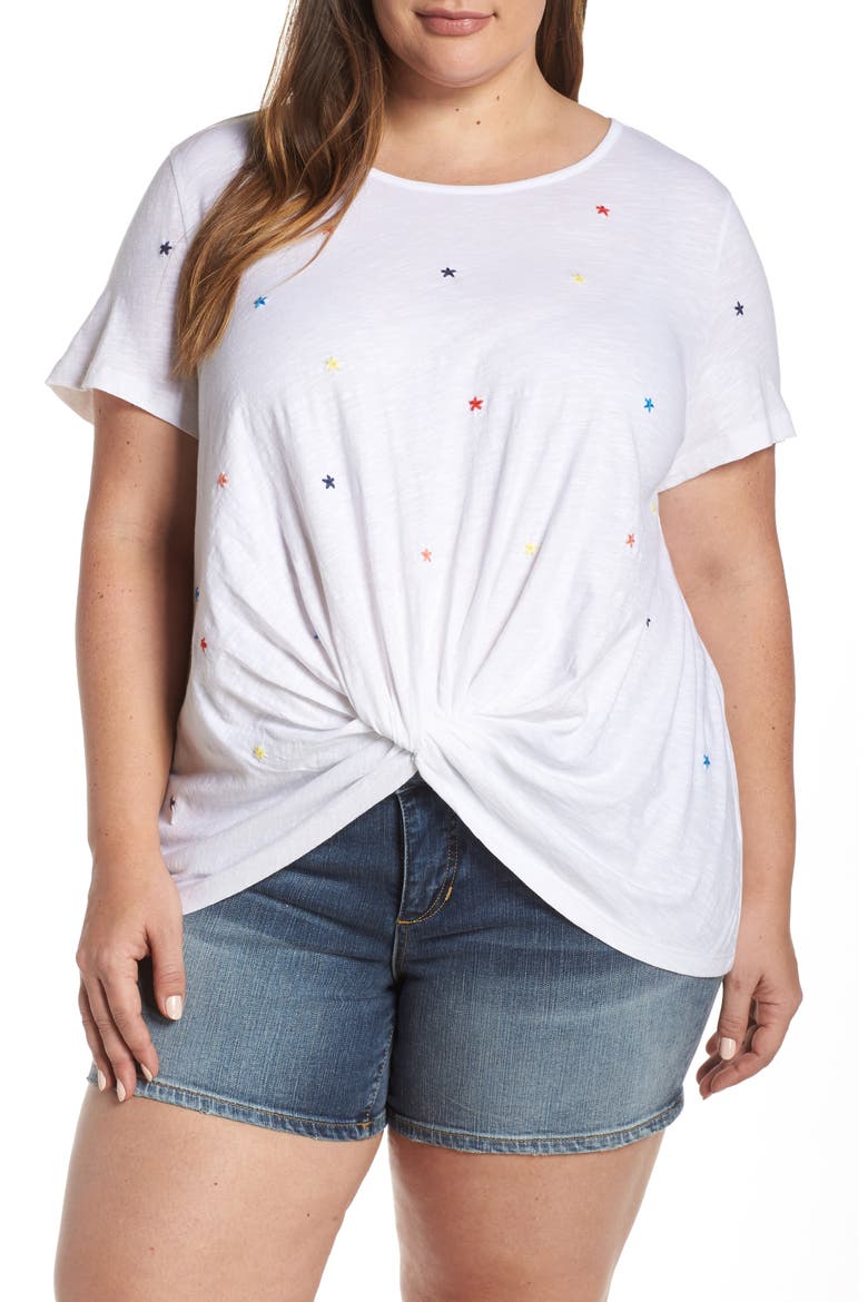 Embroidered Twist Knit Tee, Main, color, WHITE