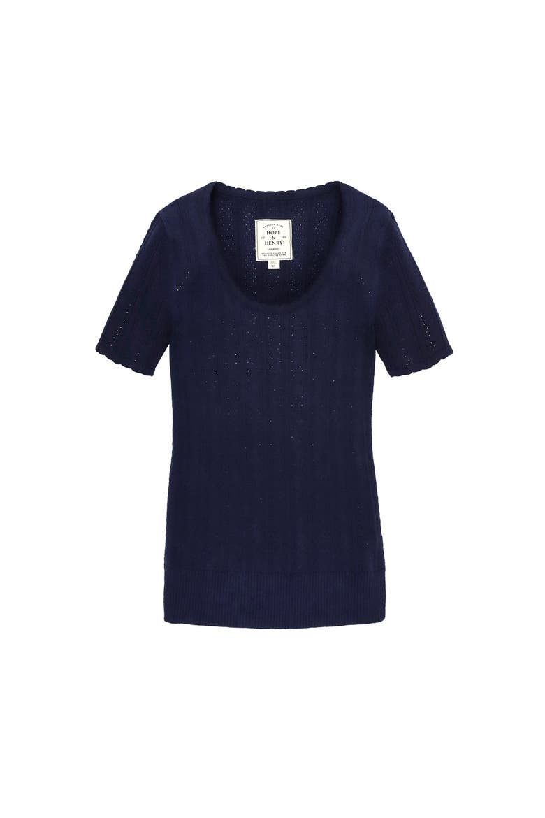 Short Sleeve Scoop Neck Sweater Top, Alternate, color, Navy Pointelle