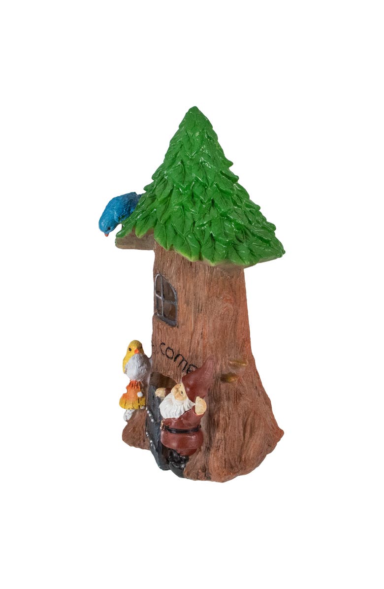Northlight 14" Solar Lighted Welcome Gnome Tree House Outdoor Garden Statue, Alternate, color, Brown