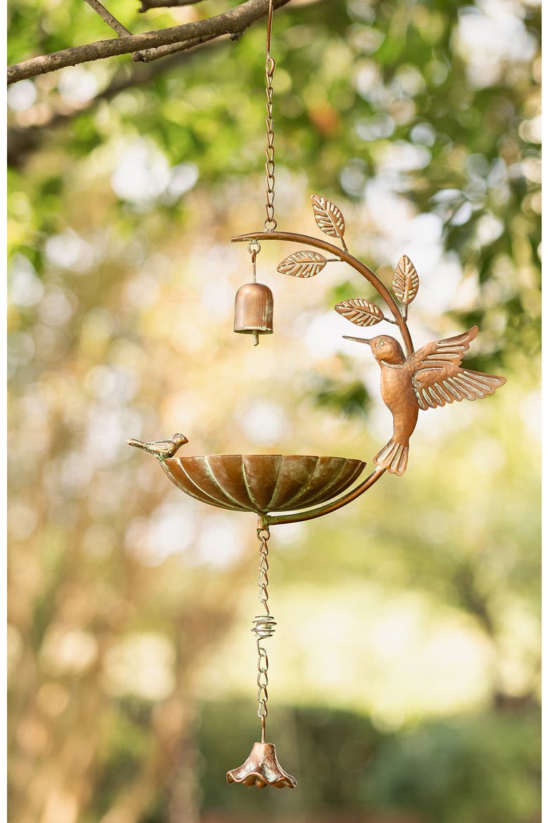 25"H Metal Faux Copper Patina Finish Hummingbird Hanging Birdfeeder, Alternate, color, Gold
