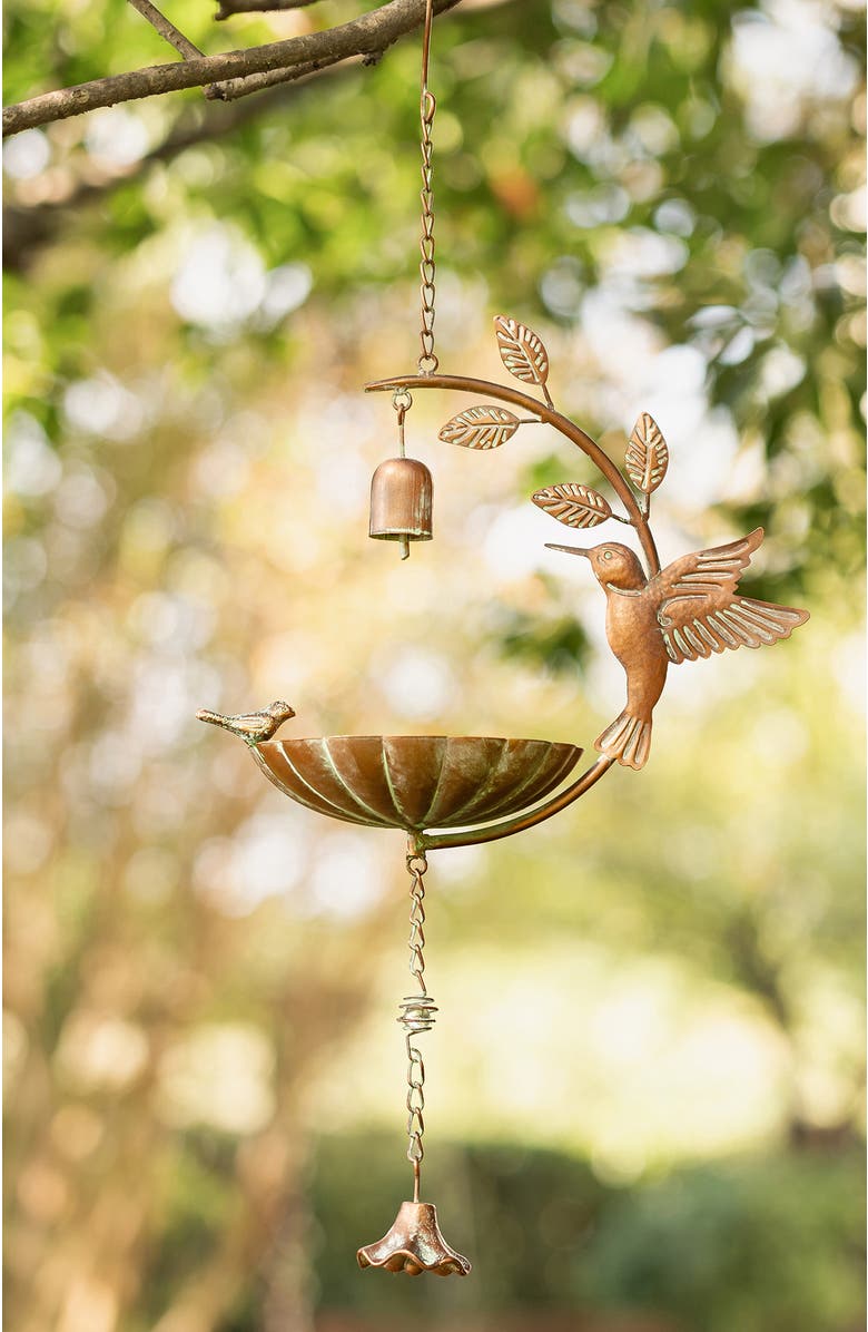 Glitzhome 25"H Metal Faux Copper Patina Finish Hummingbird Hanging Birdfeeder, Alternate, color, Gold