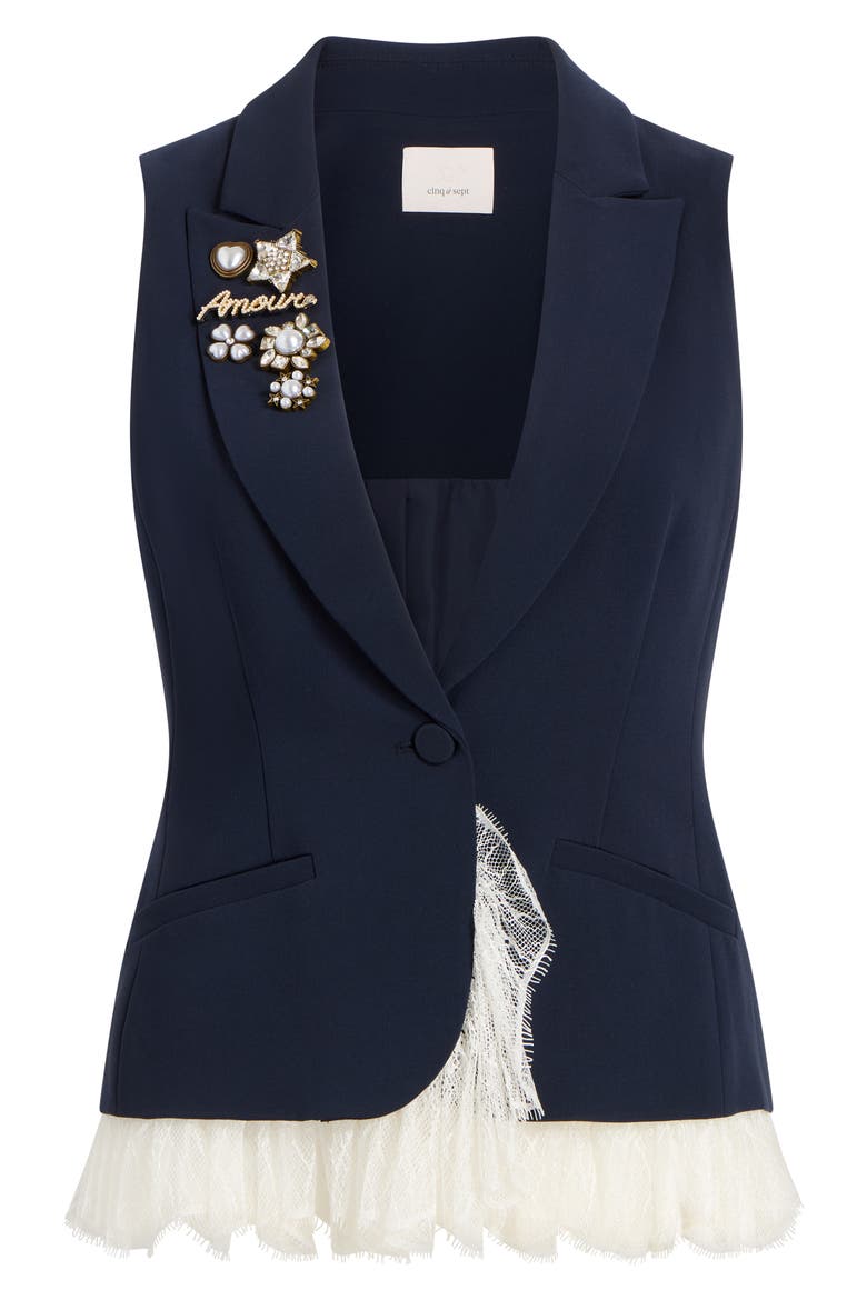Roxie Faux Pearl & Crystal Detail Mixed Media Vest, Alternate, color, NAVY/ IVORY