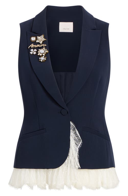 Cinq À Sept Roxie Faux Pearl & Crystal Detail Mixed Media Vest