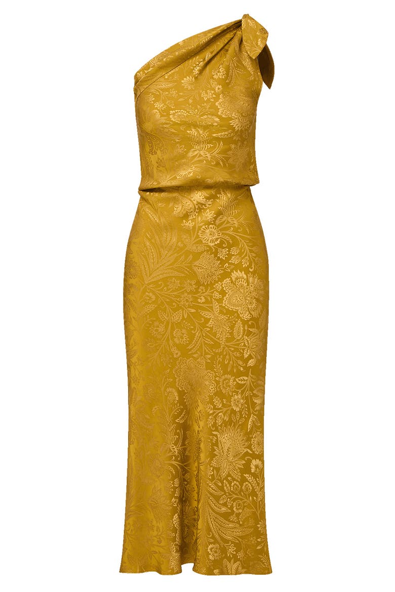 Grycen Floral Jacquard Satin One-Shoulder Gown, Alternate, color, GOLD OCHRE