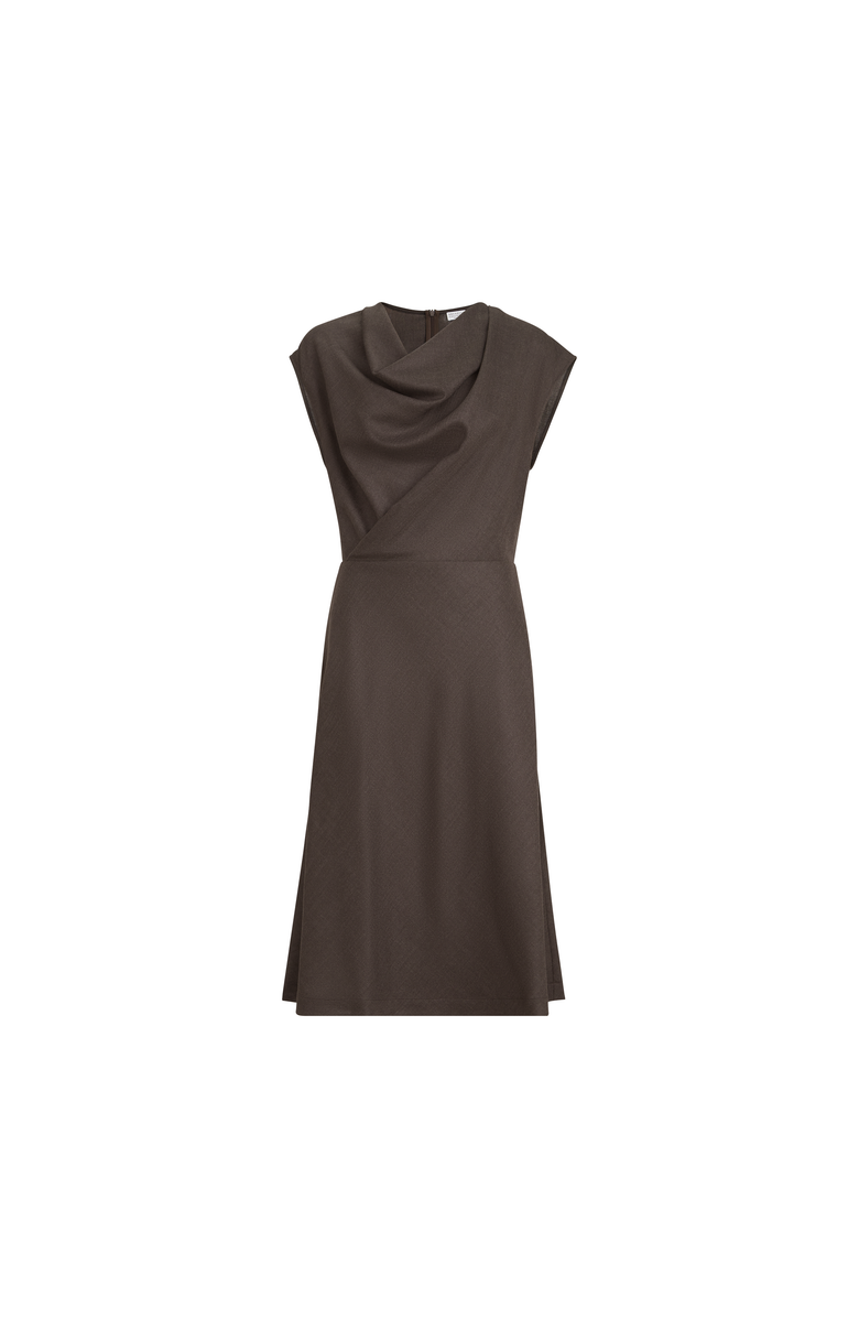 Brunello Cucinelli Virgin wool diagonal flannel wrap-effect dress with monili, Main, color, Pine Cone Brown