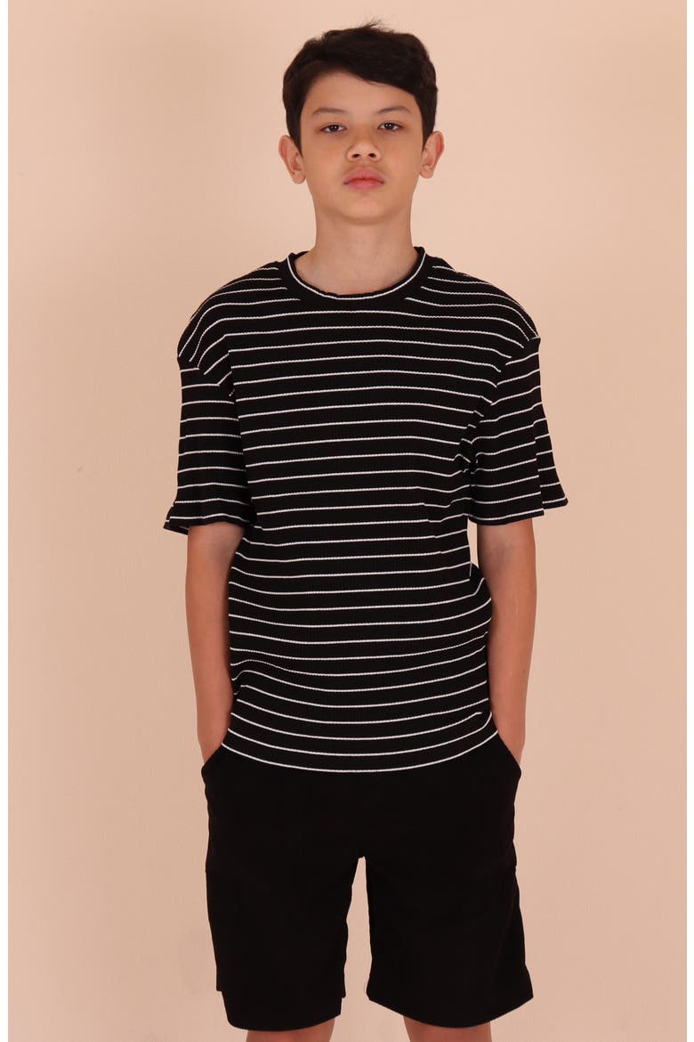 Kids' Stripe Rib Stretch Cotton T-Shirt, Alternate, color, BLACK