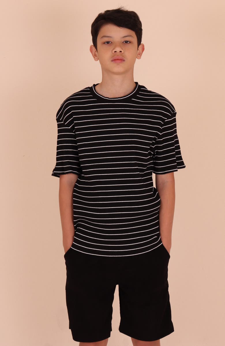 TINY TRIBE Kids' Stripe Rib Stretch Cotton T-Shirt, Alternate, color, Black