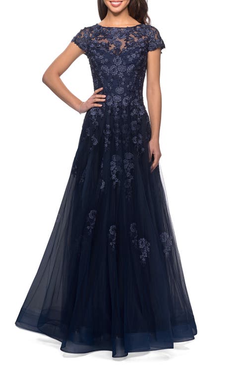 Long Tulle Gown with Intricate Lace Detailing