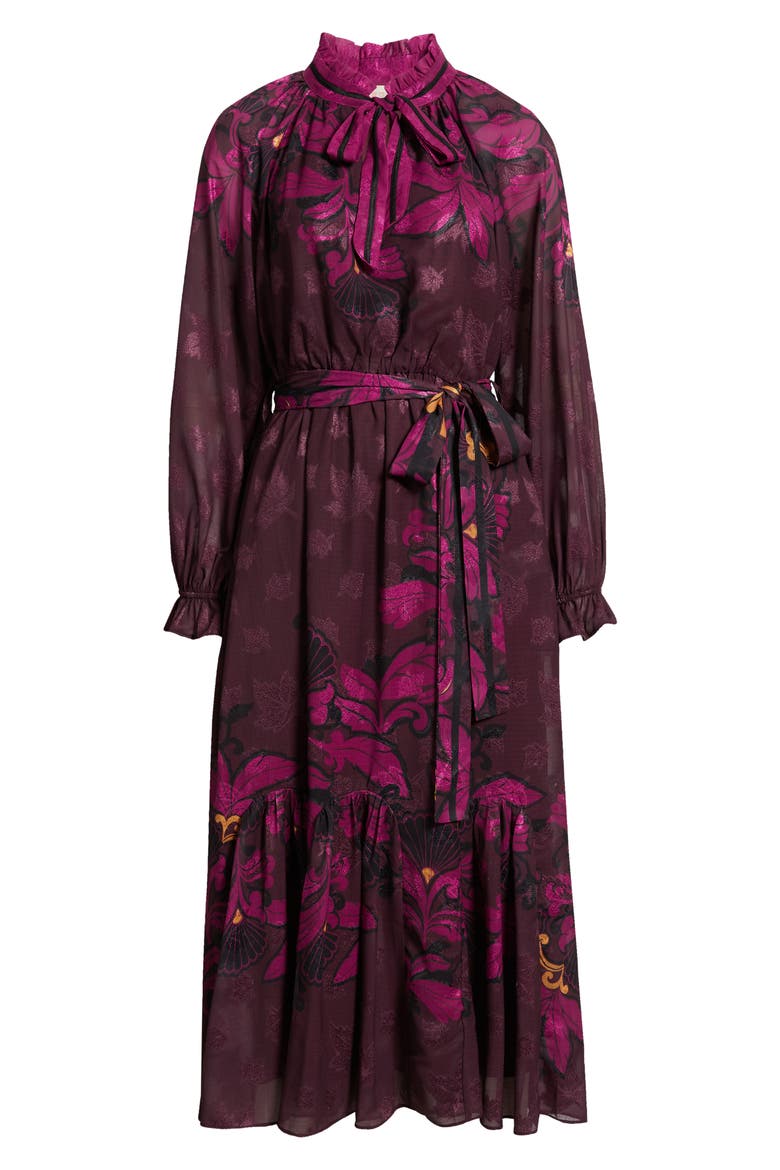 Natalie Metallic Mixed Print Long Sleeve Dress, Alternate, color, BURGUNDY MULTI