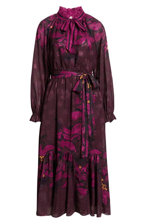 Ciebon Natalie Metallic Mixed Print Long Sleeve Dress In Burgundy