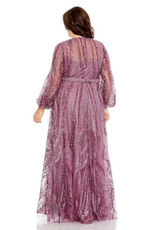 Mac Duggal V Neck Puff Sleeve Embroidered A Line Gown In Mauve