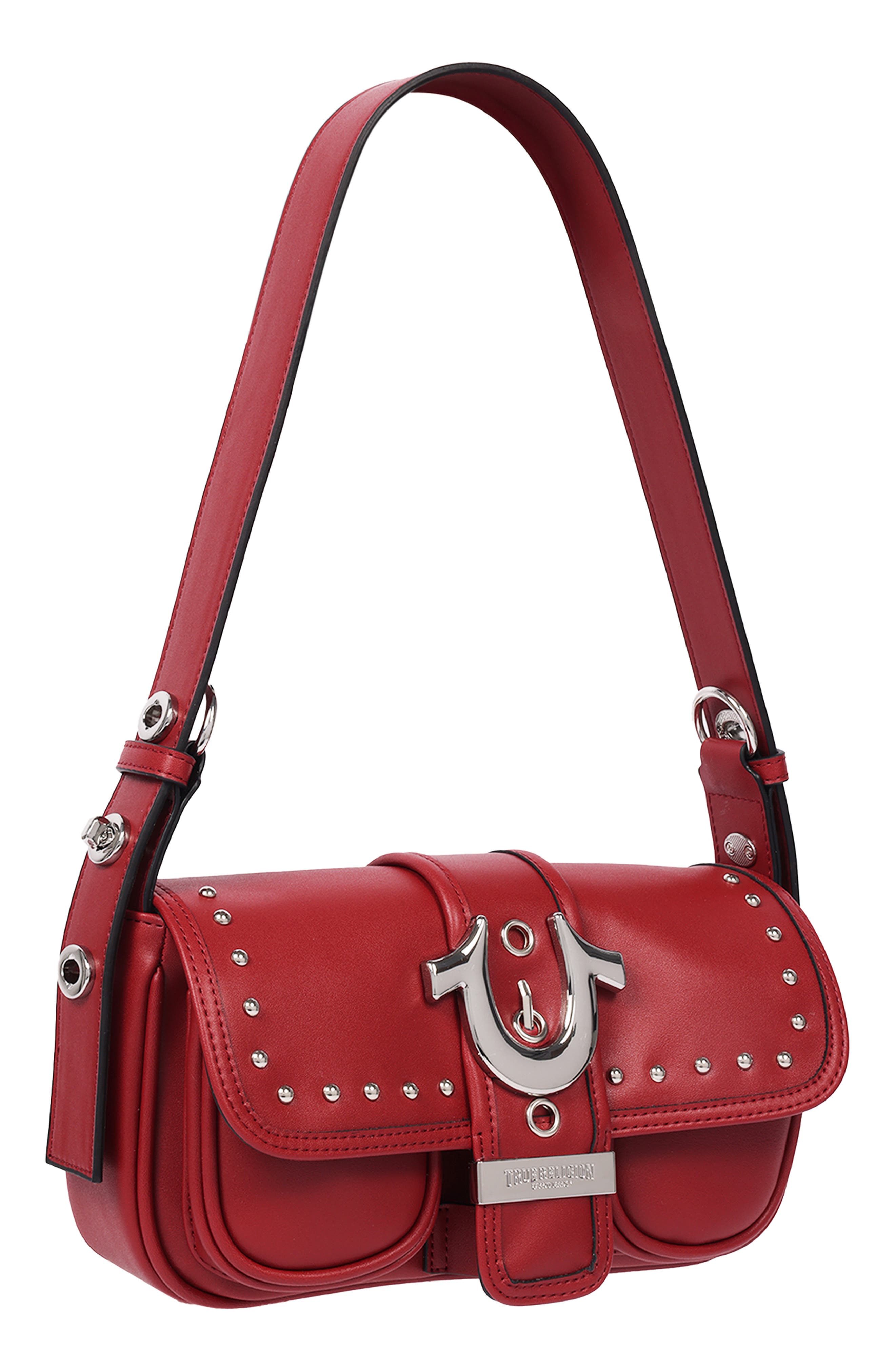 Smooth Moto Studded Faux Leather Shoulder Bag, Alternate, color, RED