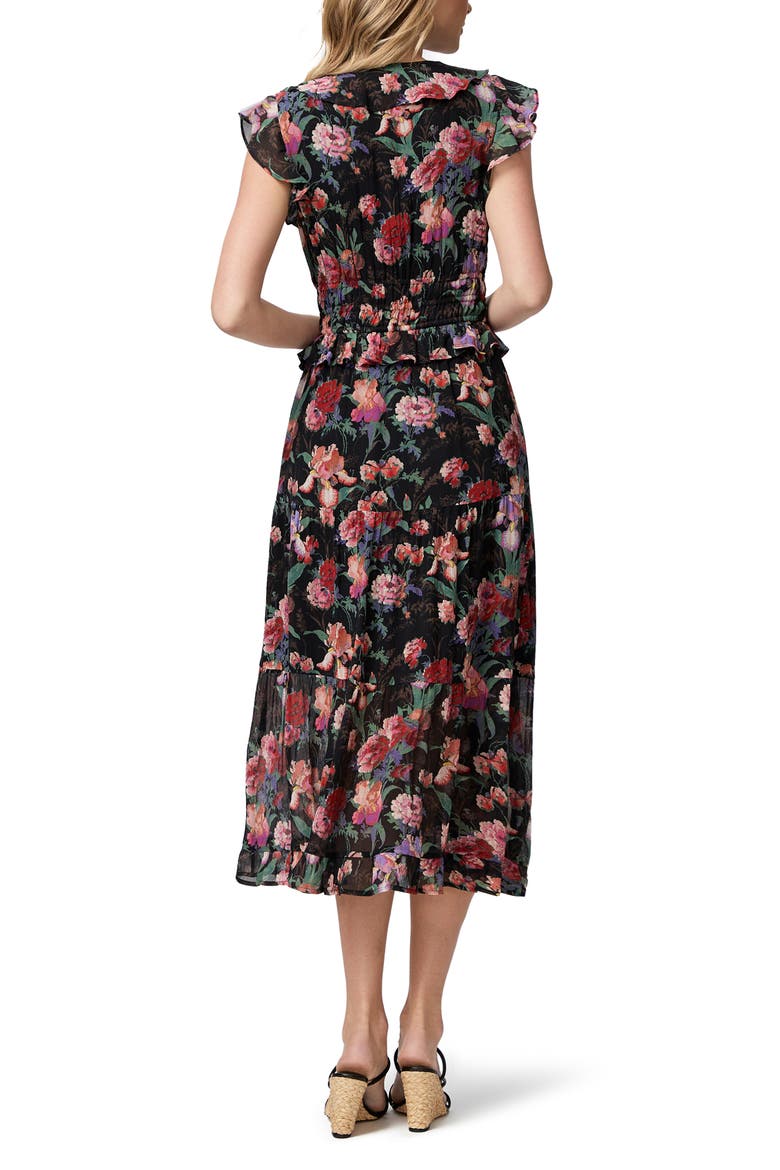 Paradis Ruffle Silk Midi Dress, Alternate, color, BLK MULTI