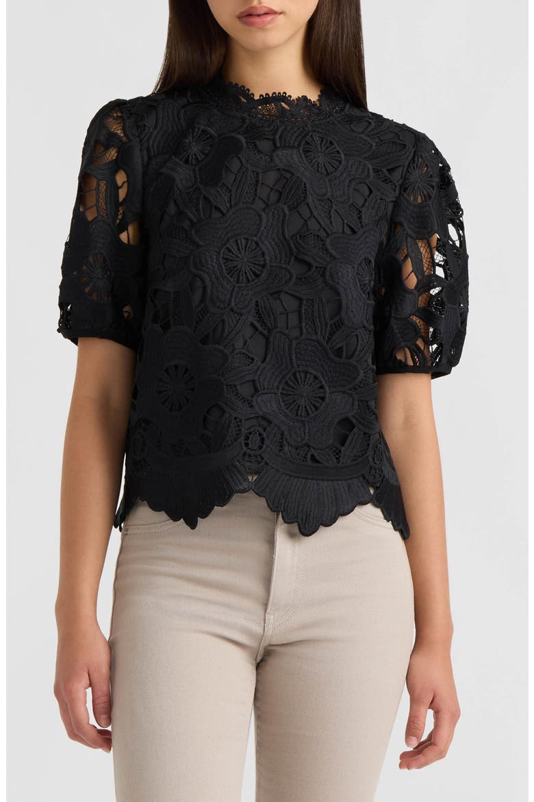 Sequined Lace Top with Puffed Sleeves, Main, color, BLACK