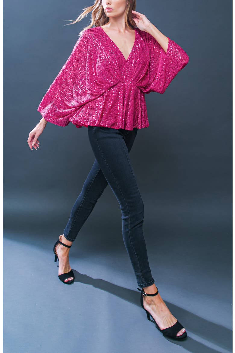 Sequin Embellished Batwing Sleeve Peplum Top, Alternate, color, FUCHSIA