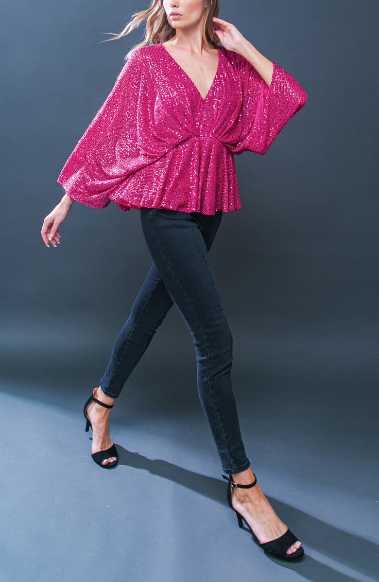 FLYING TOMATO Sequin Embellished Batwing Sleeve Peplum Top, Alternate, color, Fuchsia