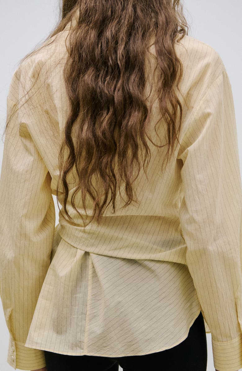 MANGO Stripe Tie Waist Cotton Blend Button-Up Shirt, Alternate, color, Pastel Yellow