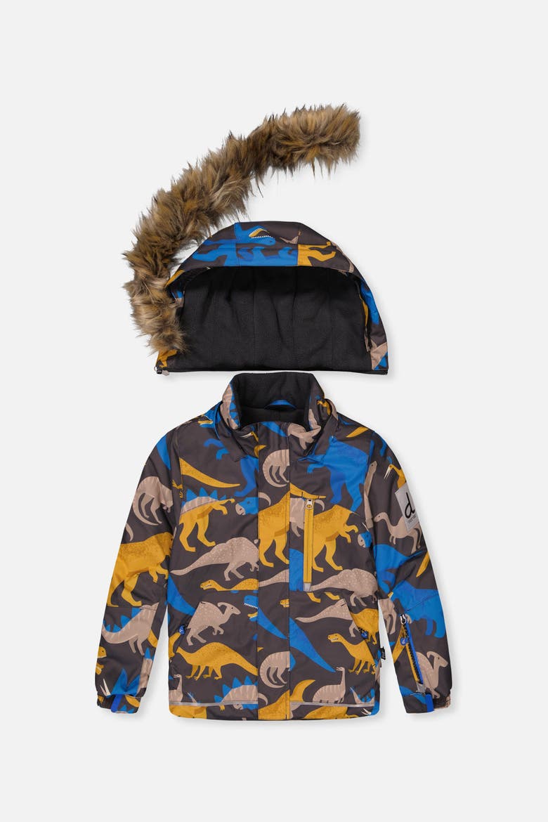 Play Dinosaur Jacket & Reinforced Pants Two Piece Snowsuit, Alternate, color, Grey and Blue Dinosaur Print