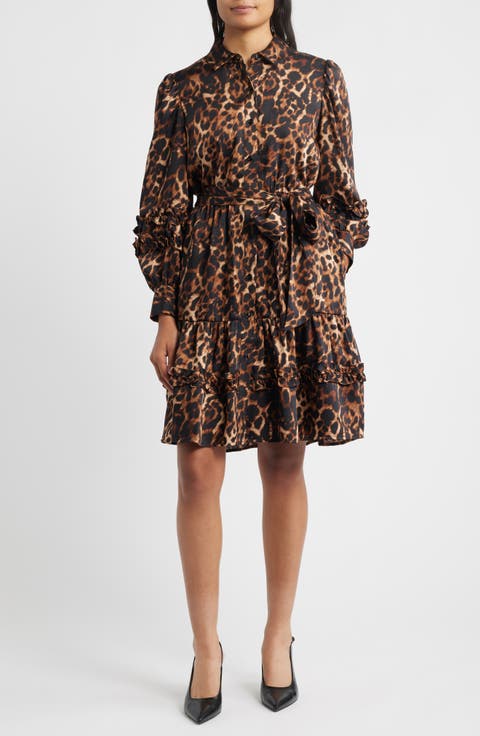 Leopard Tie Waist Long Sleeve Shirtdress