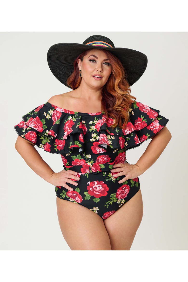 Off Shoulder Nantucket Swimsuit, Main, color, Black Cabbage Rose Print