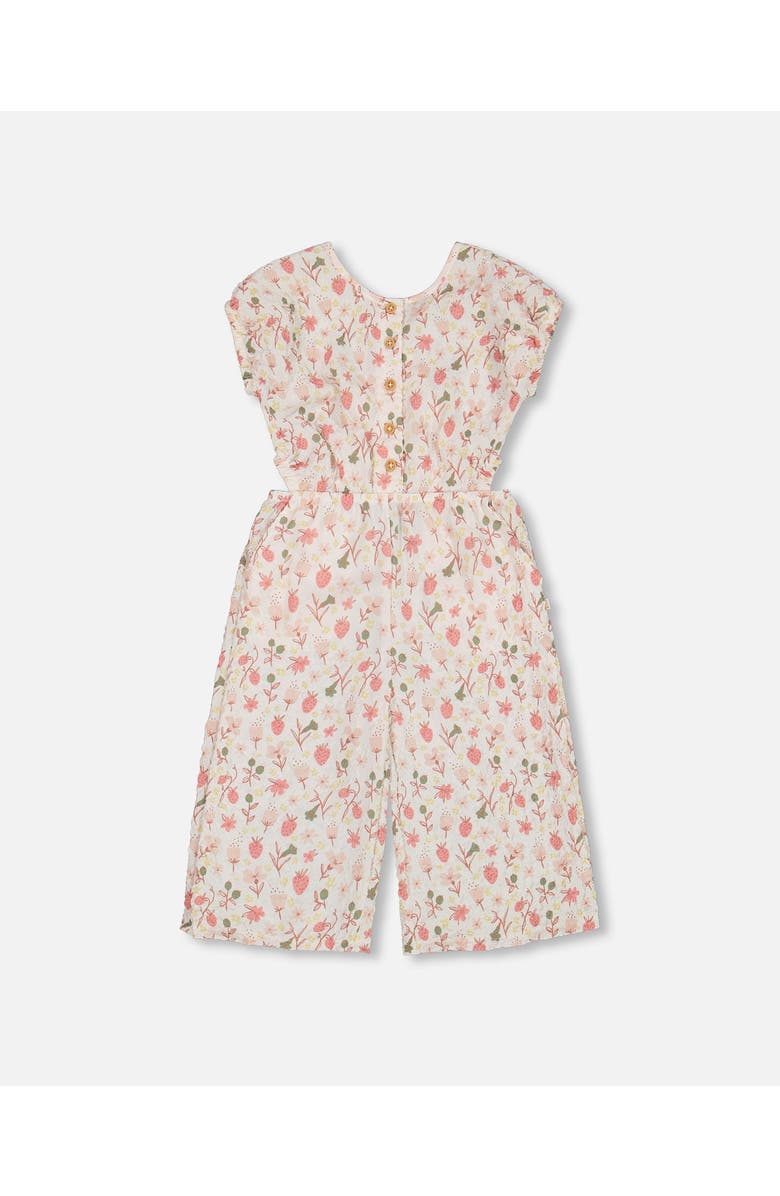 Deux par Deux Little Girl's Printed Seersucker Jumpsuit With Cut Outs Pink Flowers On Cream Background, Alternate, color,