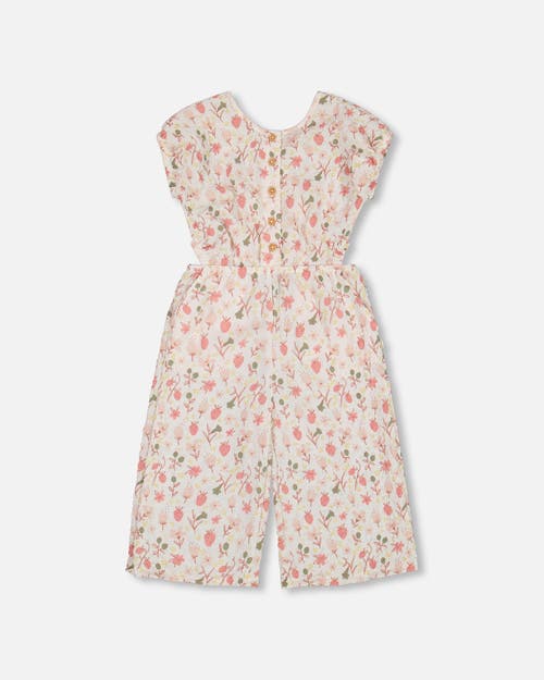 Deux Par Deux Little Girl's Printed Seersucker Jumpsuit With Cut Outs Pink Flowers On Cream Backgrou In Pink Flowers On Cream