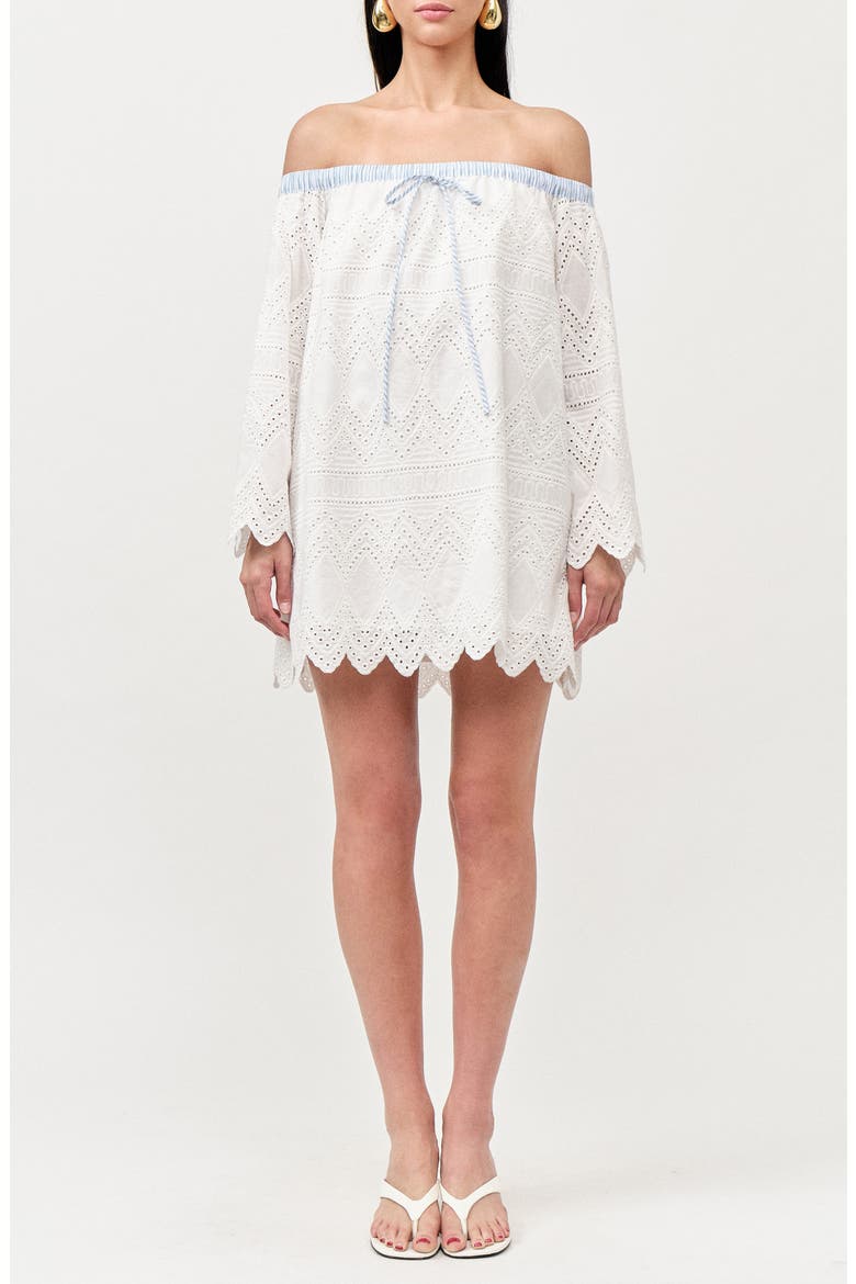 Lisa Off the Shoulder Long Sleeve Cotton Eyelet Minidress, Main, color, WHITE EMBROIDERY