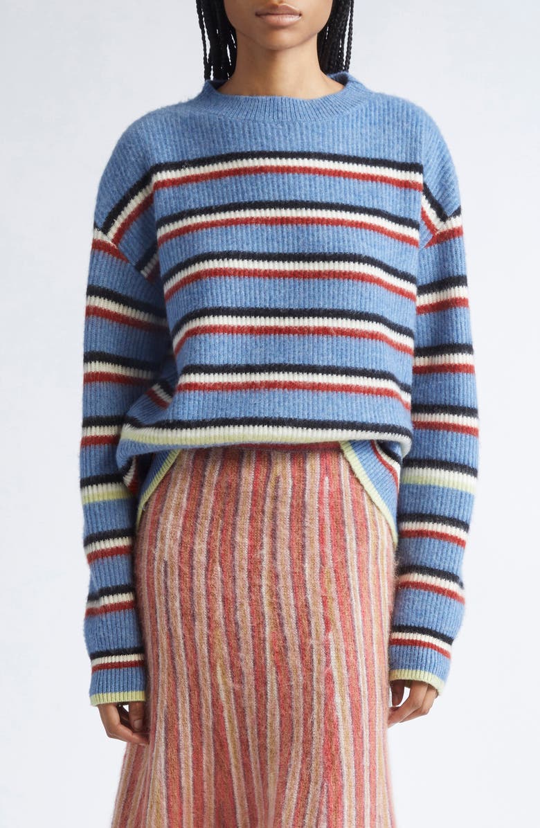 ZANKOV Halas Stripe Rib Merino Wool & Cashmere Crewneck Sweater, Main, color, Stripe-Cornflower