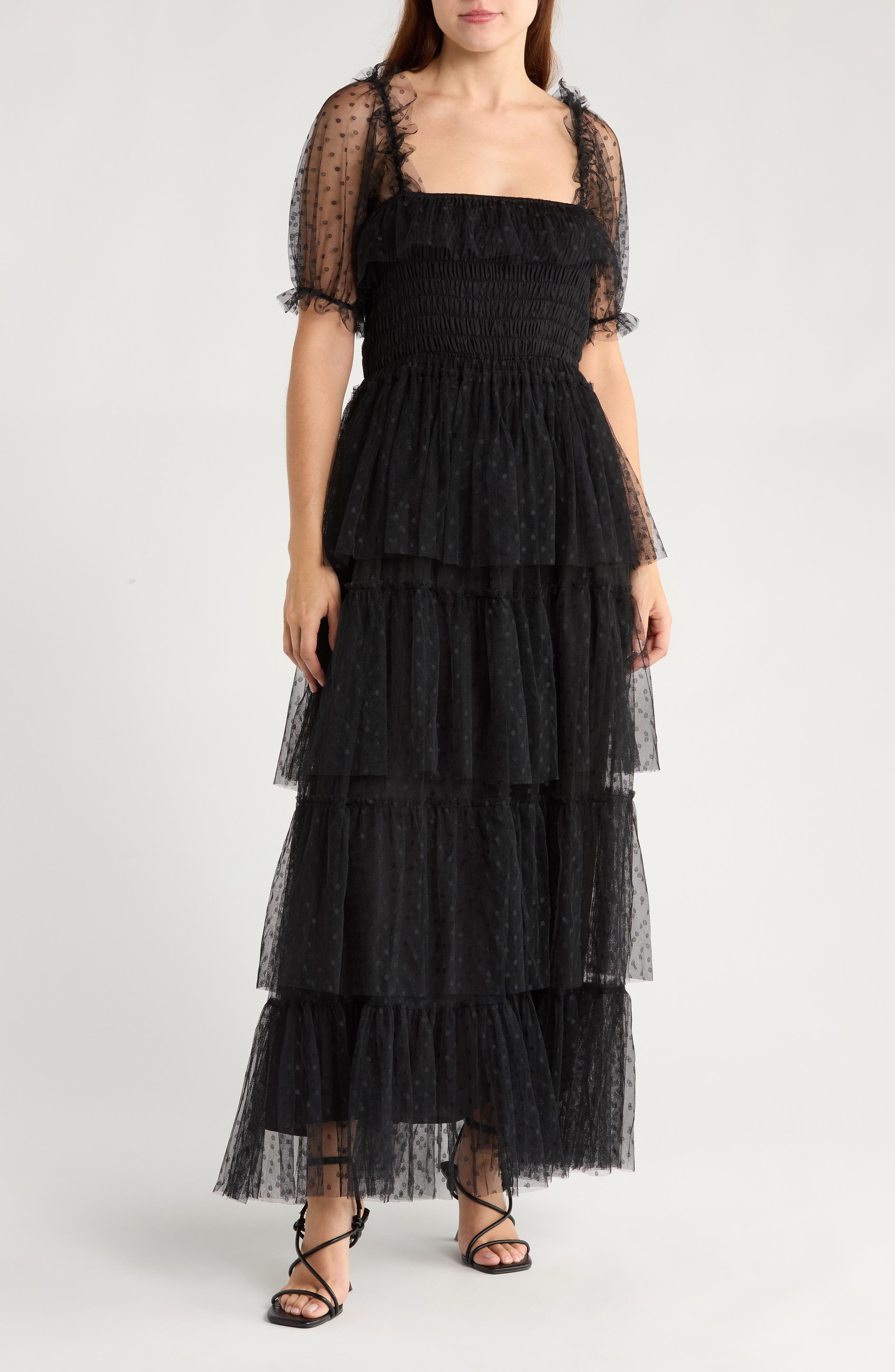 NSR Tiered Dot Lace Maxi Dress