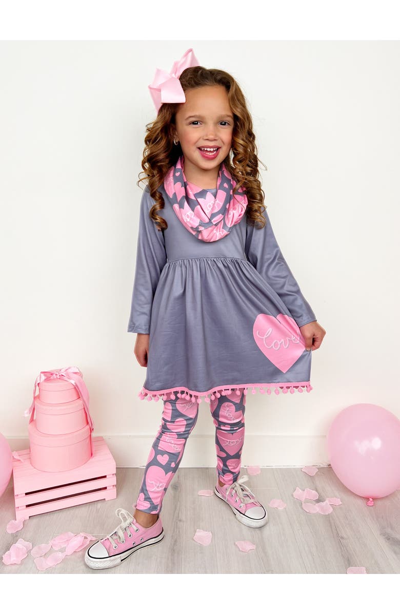 Mia Belle Girls Big Heart Tunic, Scarf and Legging Set, Alternate, color, Gray