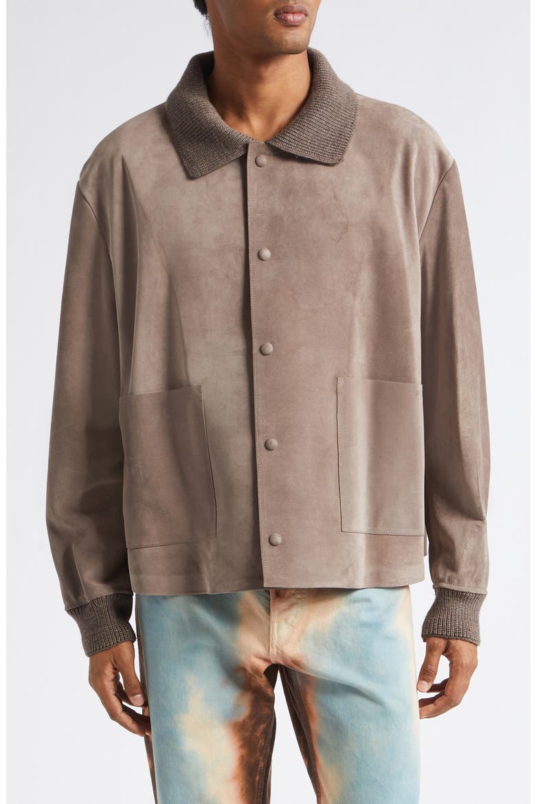 Rib Collar Suede Jacket, Main, color, MOUSE GREY