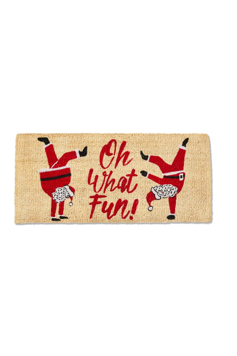 Oh What Fun Dancing Santa Coir Door Mat Red Brown, Main, color, Multicolored