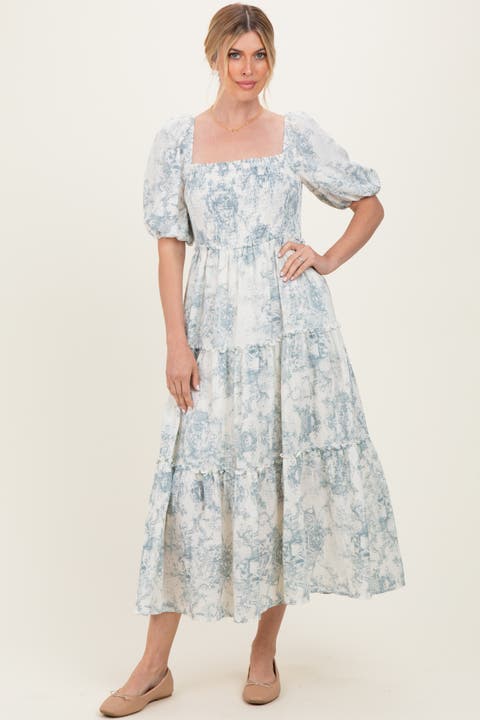 Vintage Floral Puff Sleeve Tiered Maxi Dress