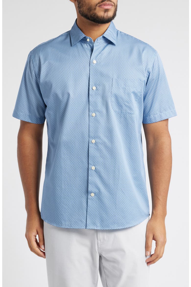 Graham Microprint Short Sleeve Cotton Button-Up Shirt, Main, color, BLUE FREESIA