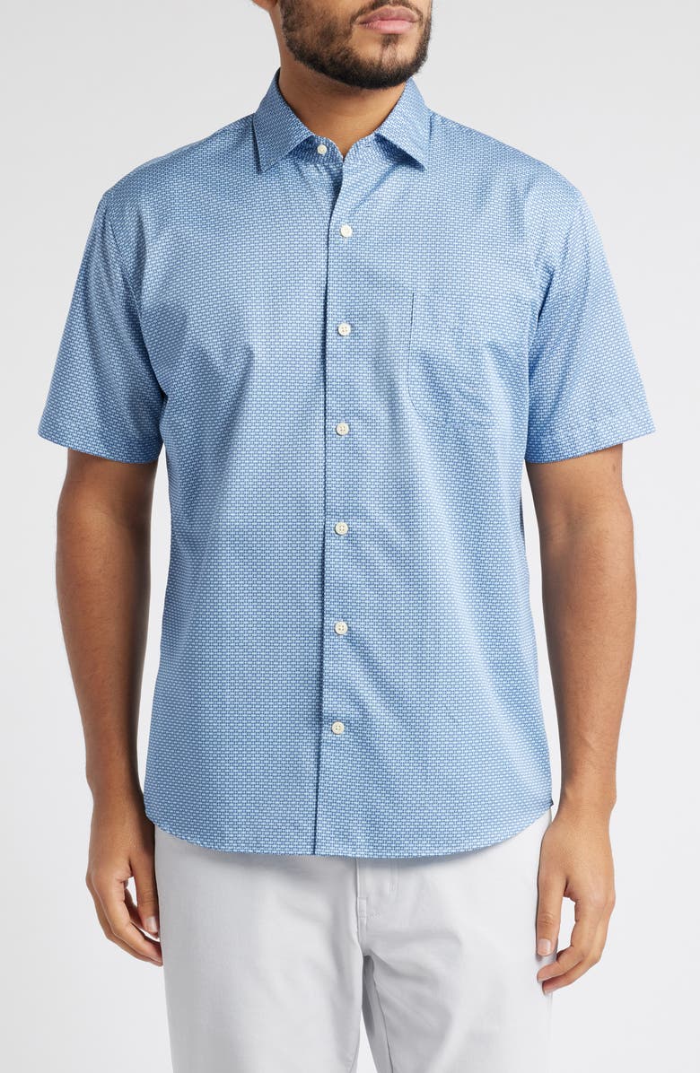 Peter Millar Graham Microprint Short Sleeve Cotton Button-Up Shirt, Main, color, Blue Freesia