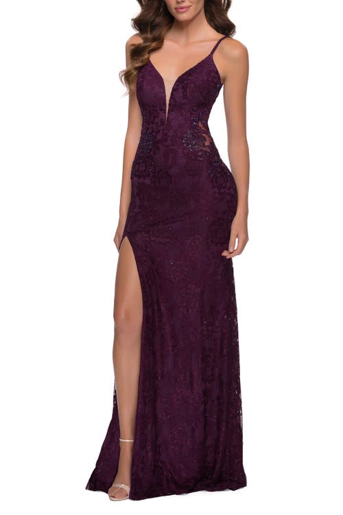 La Femme Chic Long Stretch Lace Gown With Sheer Rhinestone Back In Dark Berry