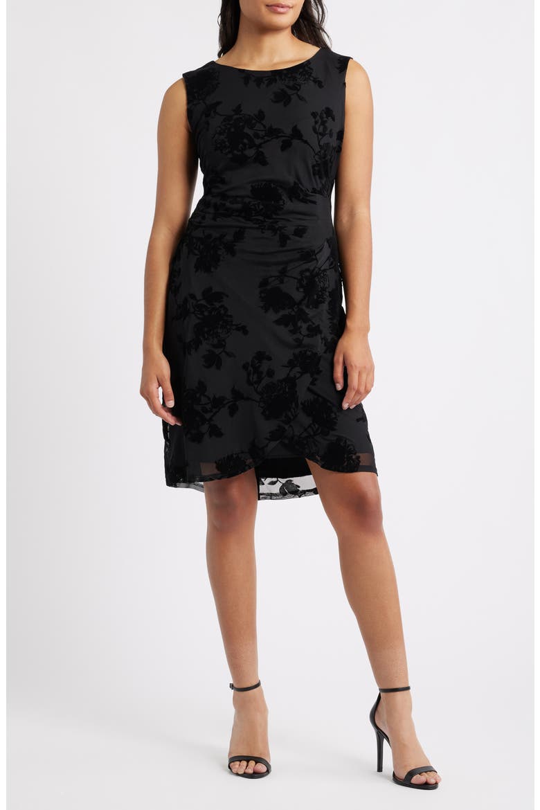 Flocked Faux Wrap Dress, Main, color, BLACK