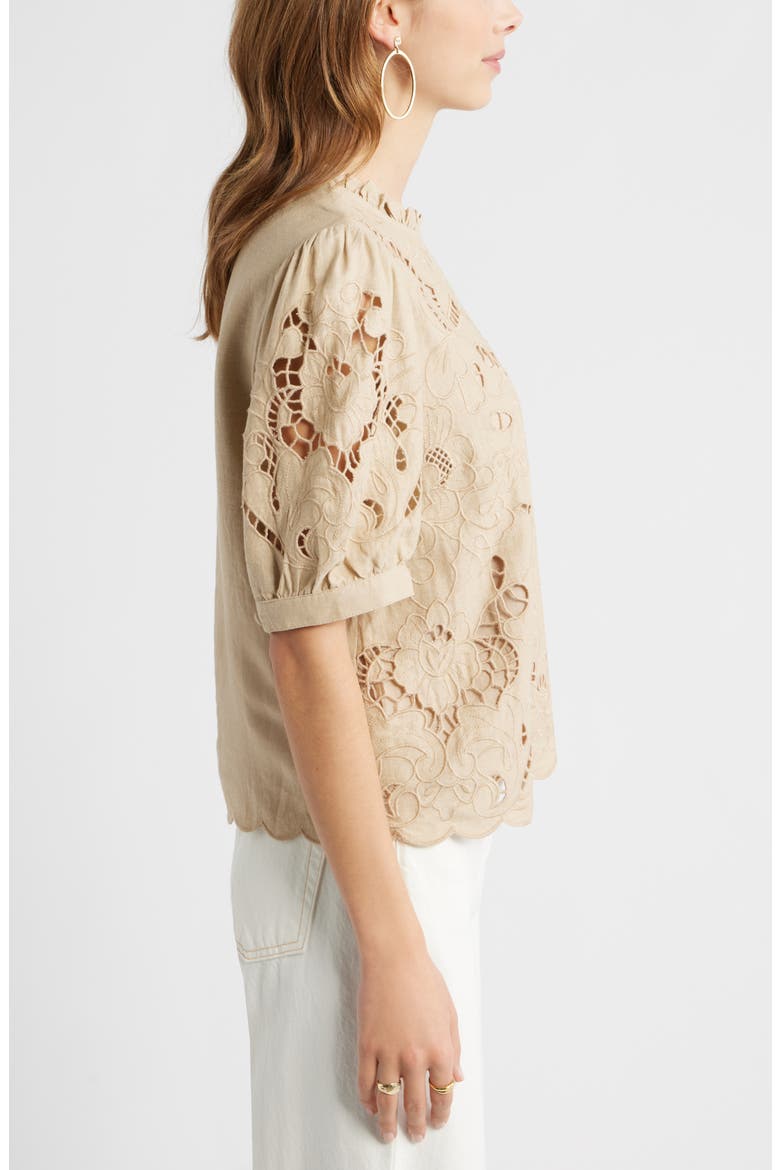 Embroidered Cutwork Puff Sleeve Linen Blend Top, Alternate, color, BEIGE HUMUS
