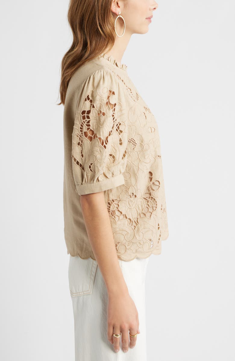 Treasure & Bond Embroidered Cutwork Puff Sleeve Linen Blend Top, Alternate, color, Beige Humus